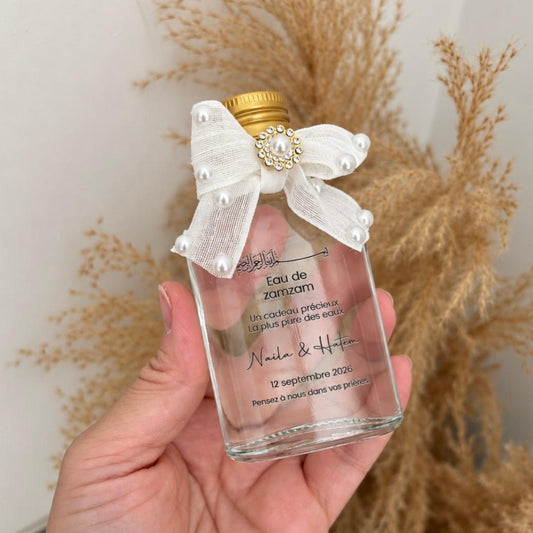Eau de Zamzam Noor – flacon personnalisé avec nœud perlé, cadeau invité mariage