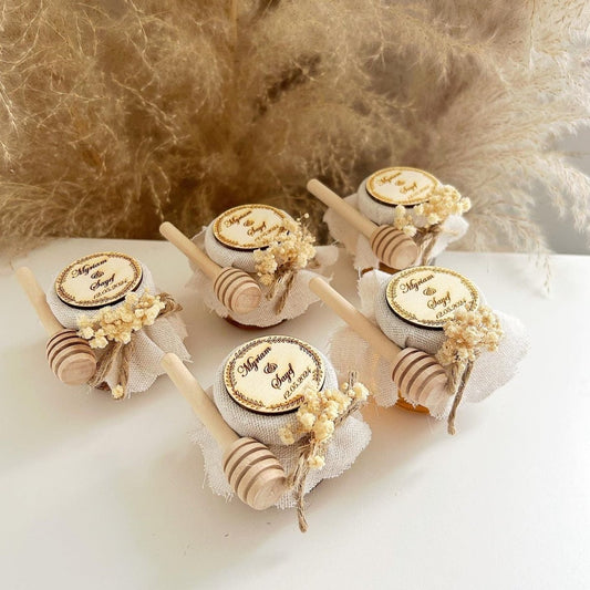Pot de Miel Rustique avec fleurs séchées et gravure bois