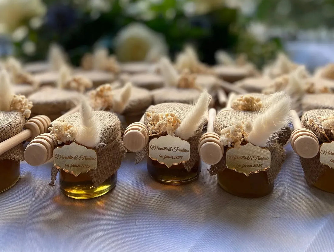 Cadeaux invités Pot de Miel Luxe personnalisés pour le mariage de Mireille & Frédéric