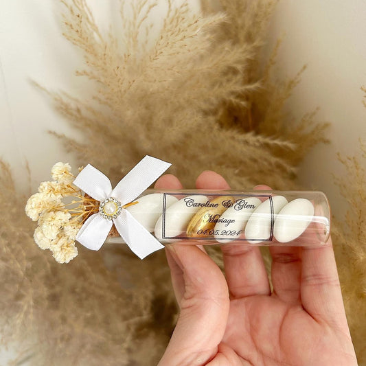 Tube Dragée Champagne personnalisé avec fleurs séchées, nœud en satin et perle dorée, cadeau invité mariage