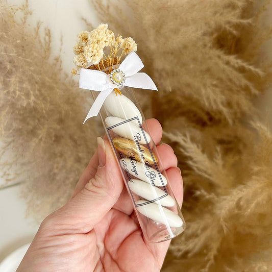 Tube Dragée Champagne personnalisé avec fleurs séchées, nœud en satin et perle dorée, cadeau invité mariage