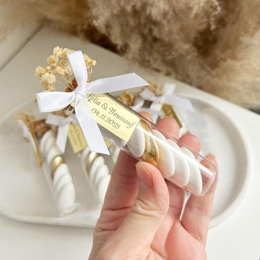 Tube de dragées Valencia personnalisé pour mariage avec fleurs séchées et nœud en soie