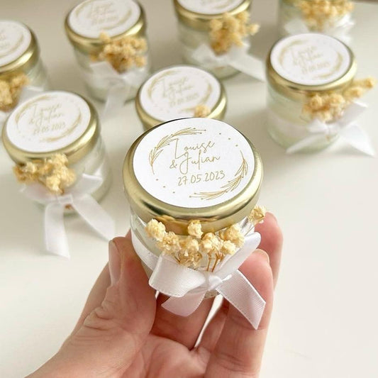 Bougie Gold personnalisée avec nœud en satin et fleurs séchées, cadeau invité mariage