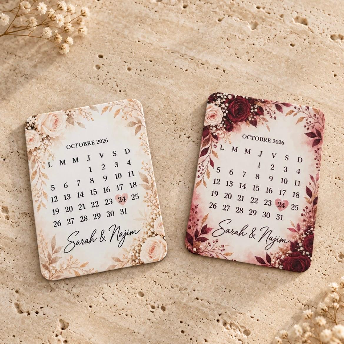 Magnet Grand Jour personnalisé pas cher avec calendrier et deux modèles floraux, cadeau invité mariage ou baptême.
