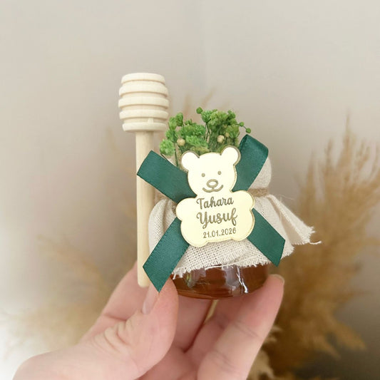 Pot de miel Tahara personnalisé avec ourson doré, ruban vert et cuillère à miel - cadeau invité pour Circoncision
